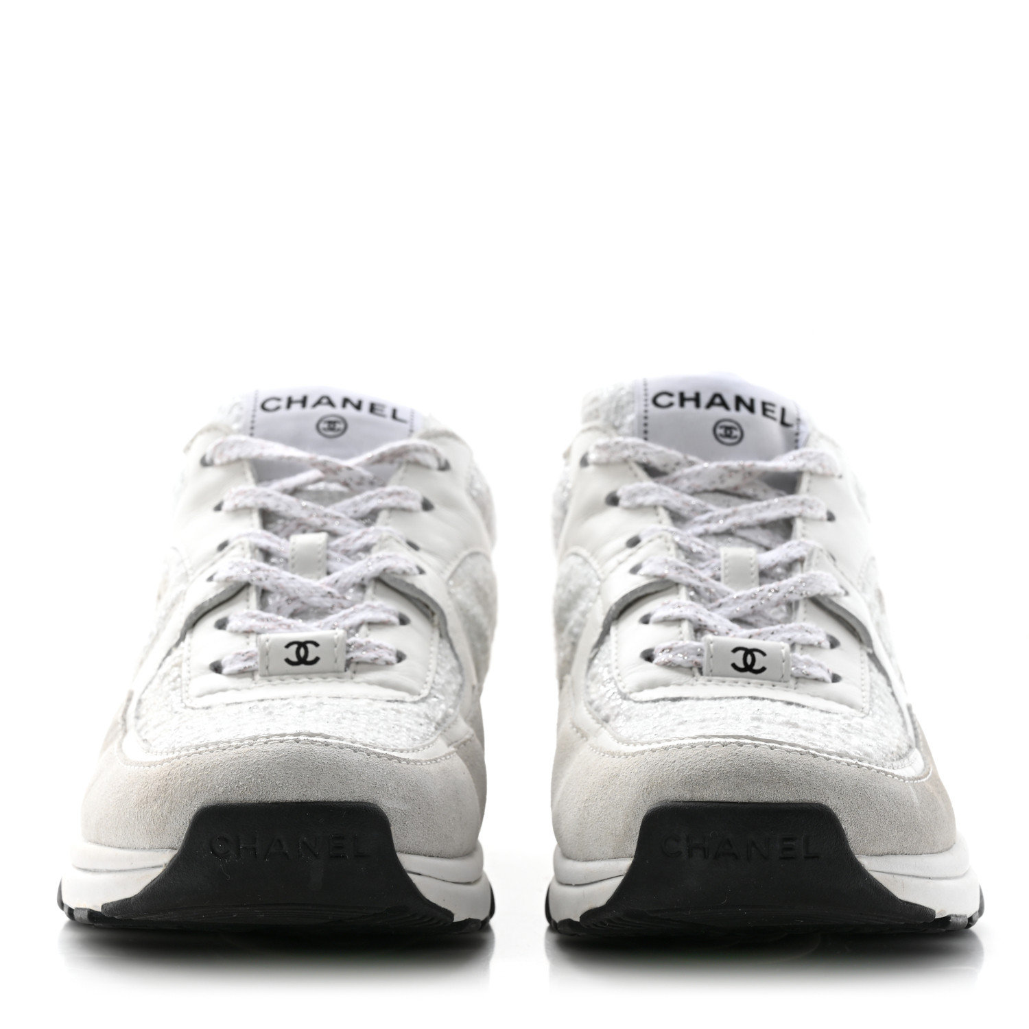 CHANEL Painted Iridescent Cotton Tweed Suede Calfskin Womens CC Sneakers White Silver Multicolor