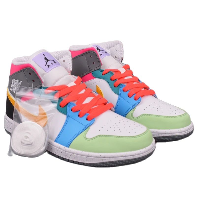 Nike Air Jordan 1 Mid Rainbow Splicing Sneakers Women Men Breathable Shoe FN1190 100B